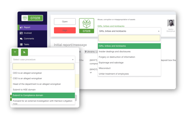 Cases procedures and categories in Ethicontrol platform