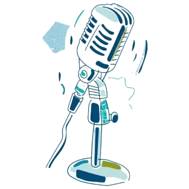 Vector illustration, retro microphone in blue and green colors on white background in the style of simple, colorful illustrations