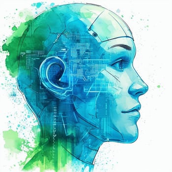 A watercolor illustration in blue and green colors of an AI that helps in fraud prevention