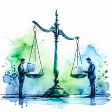 Create a simple illustration in blue and green colors in watercolor style that visually represents the concept of Ensuring Fairness and Objectivity in investigations aligned with ISO 37008 The image should emphasize impartiality transparency and a fa