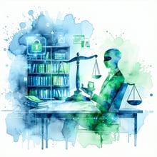 Create a simple illustration in blue and green colors in watercolor style that visually represents the concept of Guaranteeing Confidentiality and Legal Compliance in accordance with ISO 37008 The image should convey security privacy and legal adhere-1