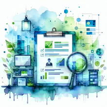 Create a simple illustration in blue and green colors in watercolor style that visually represents the concept of Reporting and Transparency in investigations aligned with ISO 37008 The image should emphasize meticulous documentation clear communicat