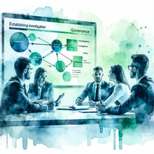 Create a simple illustration in blue and green watercolor style that visually represents the Establishing Investigation Governance concept in compliance with ISO 37008 The image should depict a structured and professional environment where a team of