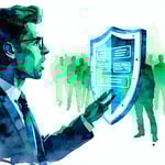 Illustration in blue and green colors in watercolor style of a confident employee speaking up into a secure digital reporting portal protected by a transparent shield Angry figures in the background blocked by the shield Modern ethical workplace vibe