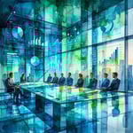 Illustration in blue and green colors in watercolor style of a corporate boardroom with transparent glass walls showing graphs and compliance checkmarks Regulators and investors outside looking in with trustful expressions Clean futuristic ISOthemed