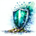 Illustration in blue and green colors in watercolor style of a corporate shield protecting a company from falling coins and shattered glass symbols representing financial loss and reputation damage Modern business setting clean minimal design symboli-1