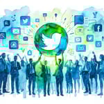 Illustration in blue and green colors in watercolor style of a diverse group of professionals holding up a glowing brand symbol surrounded by positive social media icons headlines like Ethical Company and Trusted Brand Bright optimistic atmosphere