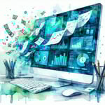 Illustration in blue and green colors in watercolor style of an automated whistleblowing dashboard on a screen with efficient workflows and minimized paperwork flying away Calm office background clean design time and money symbols fading out conveyin