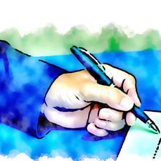 Illustration in watercolor style in blue and green colors of a hand signing a document with pen