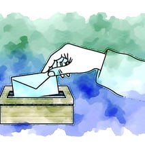 Illustration in watercolor style in blue and green colors of a hand that put a letter in box