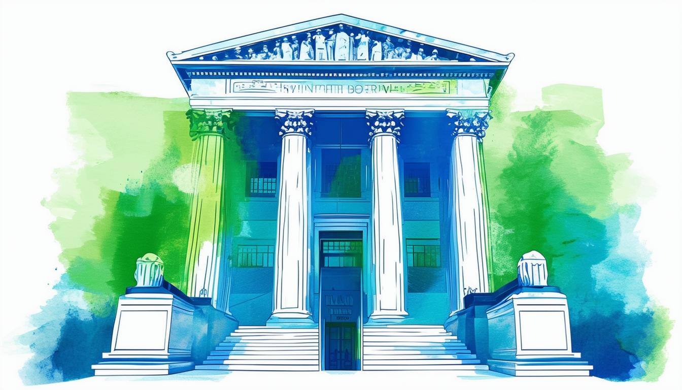 Supreme Court Expands Whistleblower ProtectionsVector illustration, in blue and green colors on a white background in the style of simple, colorful i