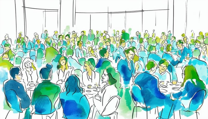 The image depicts a bustling conference hall filled with diverse attendees engaged in conversation
