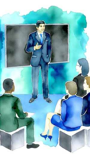 Watercolor illustration in blue and green colors, the person in a business costume stands near the blackboard and explains something to people in busi-1