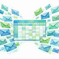 digitalart Illustration in watercolor style on a white background of a lot of envelopes that fly into a spreadsheet table that is set in the center of-3