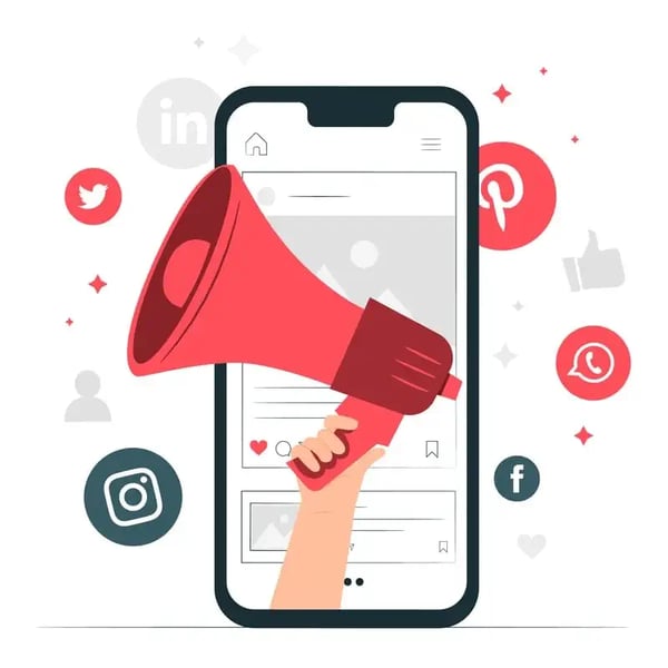Червоний гучномовець у руці на фоні телефону та іконок соціальниї мереж (1)
