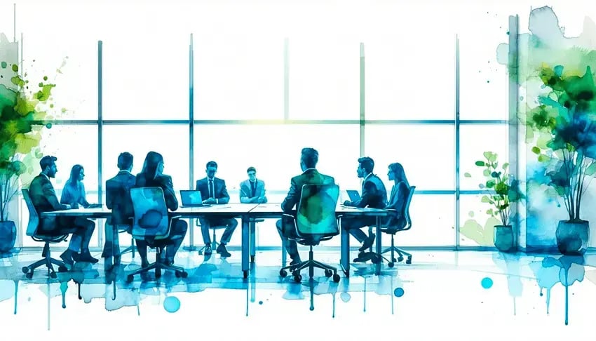 A modern office setting where a group of employees is engaged in a discussion