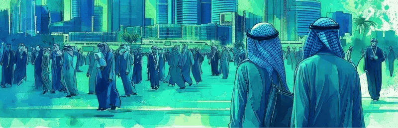 An illustration in watecolor style in blue and green colors of a corporate scandal in Saudi Arabia due to financial mismanagement and unethical practi 1 (1)