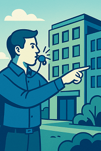 External whistleblower uses a whistle and points at a building
