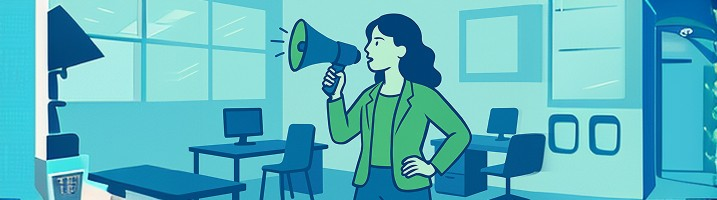 Vector illustration in blue and green colors of a woman who stands in the office and uses a megaphone. Around her are work desks, and no other people.