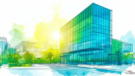 Modern and sleek office building in a bustling city, with the sun shining brightly on its glass exterior