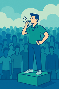 Vector illustration in blue and green colours of a Public interest whistleblower who stands on a little podium and uses a whistle, behind him a lot of people