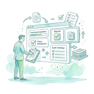 A compliance professional reviewing simple dashboards, checklists, and spreadsheets, showing basic compliance tracking with manual reporting and limited insight.