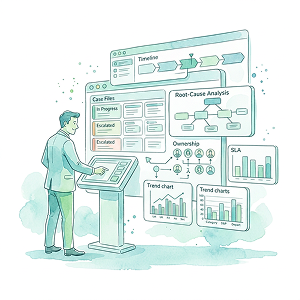 A compliance professional using a centralized dashboard with organized case files, workflows, timelines, and trend charts, showing structured compliance measurement.