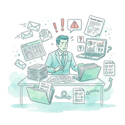 A compliance officer surrounded by scattered emails, spreadsheets, documents, and warning signs, showing a fragmented and reactive compliance process with limited visibility.