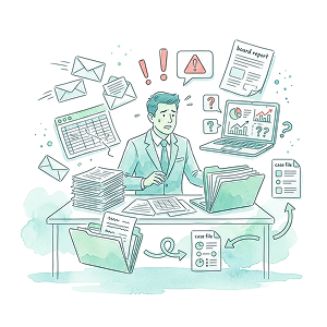 A compliance officer surrounded by scattered emails, spreadsheets, documents, and warning signs, showing a fragmented and reactive compliance process with limited visibility.