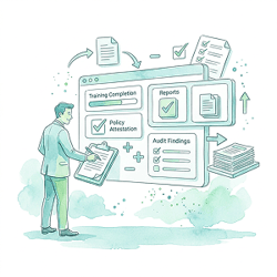 A compliance professional reviewing simple dashboards, checklists, and spreadsheets, showing basic compliance tracking with manual reporting and limited insight.