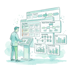 A compliance professional using a centralized dashboard with organized case files, workflows, timelines, and trend charts, showing structured compliance measurement.