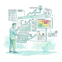 A compliance leader reviewing a risk-based dashboard with KPIs, KRIs, alerts, thresholds, and corrective actions, showing active compliance risk management.