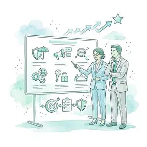 Illustration of a compliance leader and business executive defining shared objectives with goal icons, a target, checklist, arrows, and a shield.