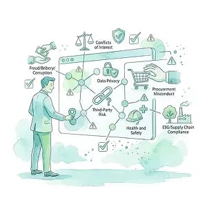 Illustration of a compliance professional mapping key risk areas with connected nodes, warning markers, and icons for fraud, privacy, third-party risk, and ESG.