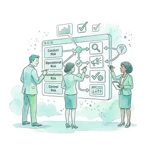 Illustration of a compliance team connecting risk areas to KPI and KRI cards, charts, checkmarks, and decision arrows on a dashboard.
