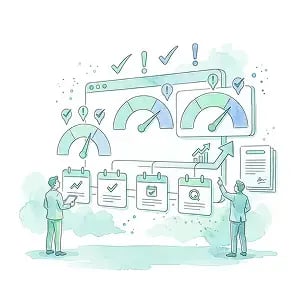 Illustration of a compliance dashboard with gauges, alert markers, timeline cards, calendar icons, and escalation arrows for reporting thresholds.