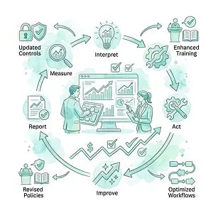 Illustration of a compliance team reviewing dashboard trends and using a continuous improvement cycle to measure, interpret, act, improve, and report.