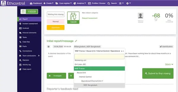 Tree structure for Organisational Units on the Ethicontrol case management platform
