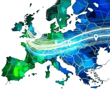 transgraniczne przekazywanie danych osobowych w kanałach zgłaszania nieprawidłowości w UE Ilustracja wektorowa, w kolorach niebieskim i zielonym na białym tle