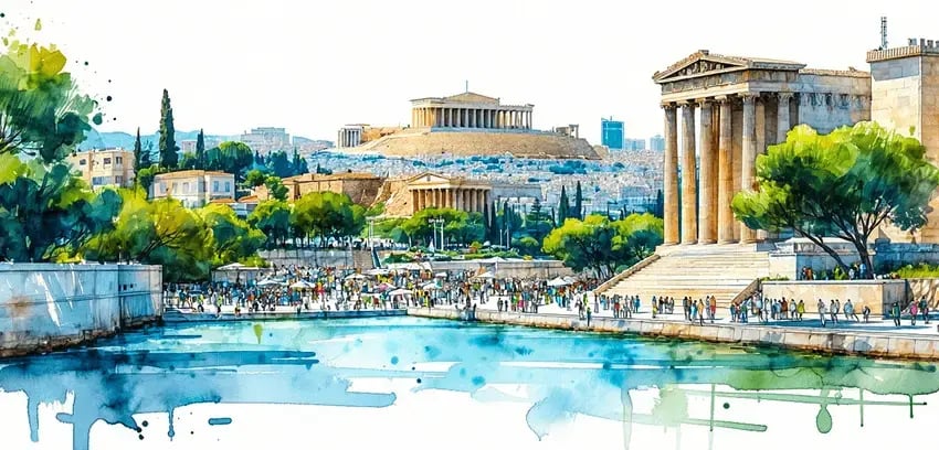 A bustling urban scene in Athens Greece  Vector illustration in blue and green colors