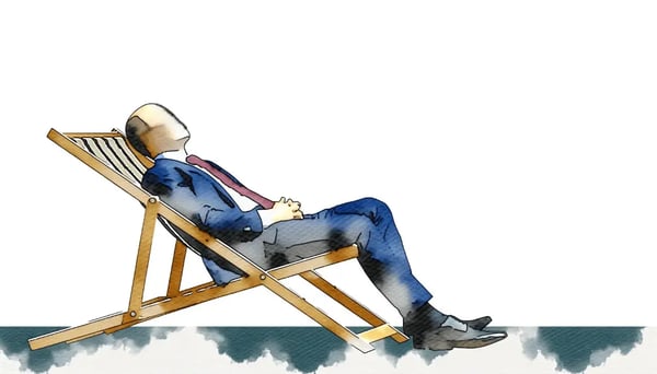 person lies on a deck chair in a business costume