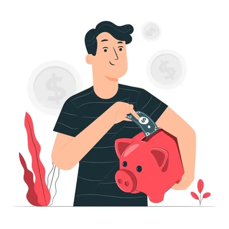 A man in a black T-shirt puts money in a red piggy bank