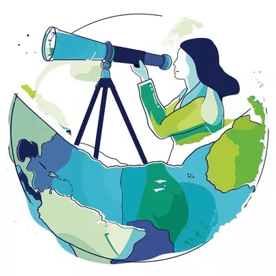 Businesswoman standing in half-opened globe and using telescope looking left