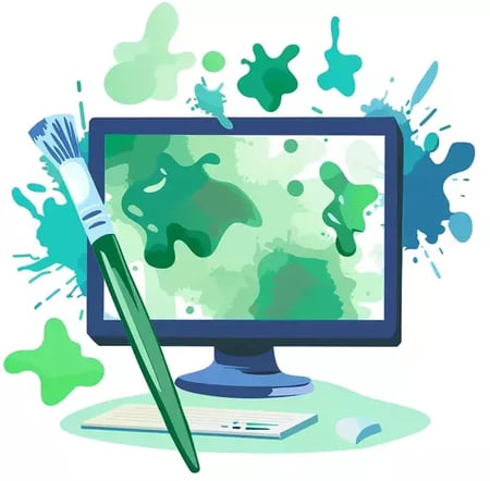 Vector illustration, on computer's screen there are different dirty spots in gradient of green. Near to the computer there is a painting brush