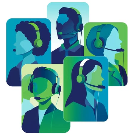 Vector illustration, several rectangles with call centre operators with professional headsets