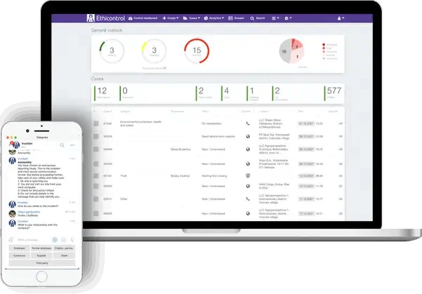 a laptop, mobile phone and the Ethicontrol's platform displaying an online dashboard, in the style of purple and gray, cleancore, ward kimball, award winning, functional, traincore