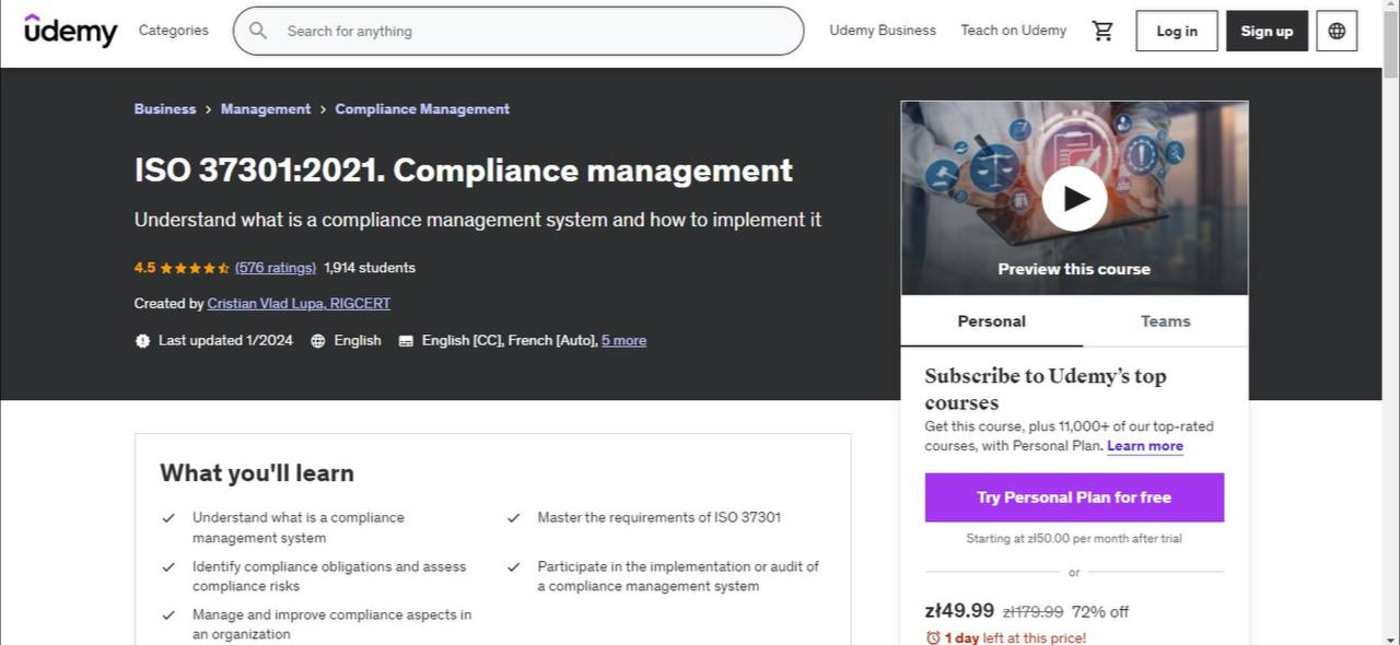 ISO 37301:2021. Compliance managment