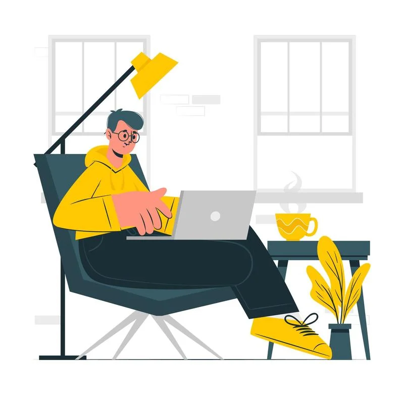 A guy works in a chair with a laptop on his lap-webp