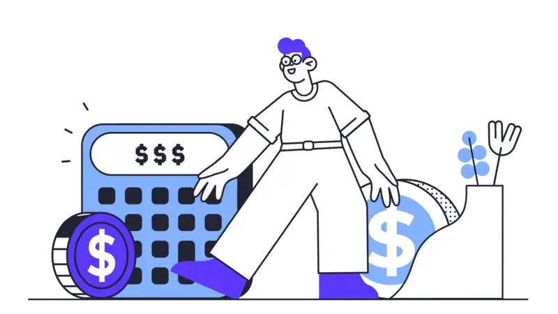 A confused man stands near a large calculator and coins