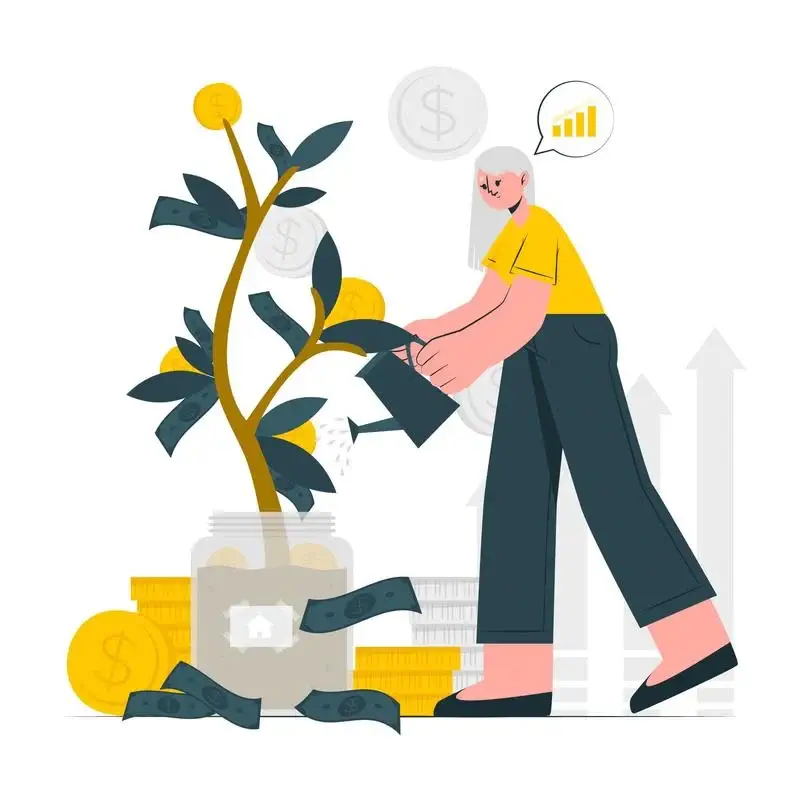 A girl in a yellow T-shirt is watering a money tree